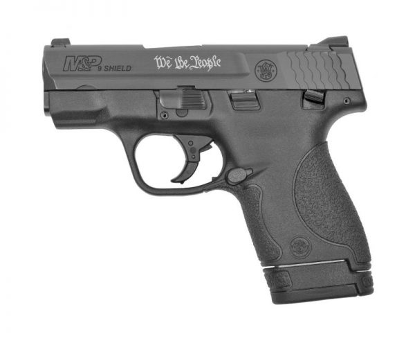 Smith and Wesson M&P9 Shield Black 9mm 3.1" Barrel 8-Rounds with "We The People" Engraving